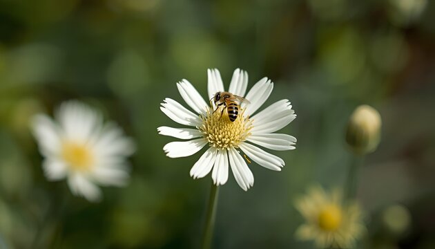 Welsh onion blossom with bee on white flower head in a blurred garden, delicate allium flower closeup, spring nature and pollination concept
