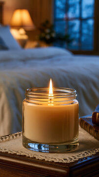 Glass jar candle warm flame bedside table bedroom cozy wax lamp bed window evening glowing elegant comfort relaxation home interior nightstand wooden table lace cloth soft light glass jar candle
