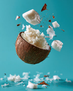 Coconut shattered food portraiture shell flesh tropical turquoise fragment motion flying coconut piece with white meat, brown shell, debris, studio splash scene, fresh exotic ingredient