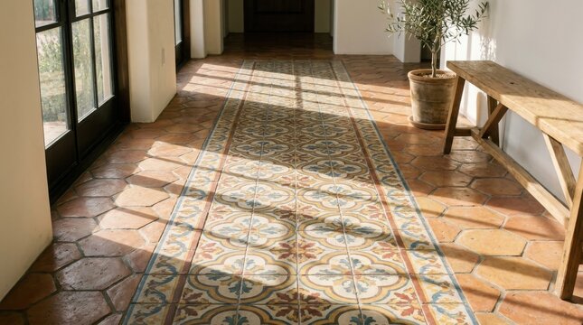 Spanish Tile Floor Hallway with Patterned Rug Design and Terracotta Tiles & interior of an old house