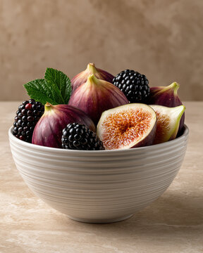 Fig, blackberry, bowl, fruit, leaf, fresh figs, still life with sliced fig and blackberry in ceramic bowl on beige stone background