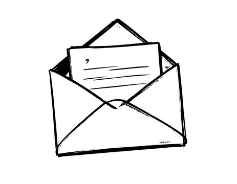 Hand-drawn sketch of an open envelope with a paper letter inside on white background