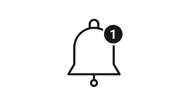 Notification bell icon with number one alert on white background vector illustration.