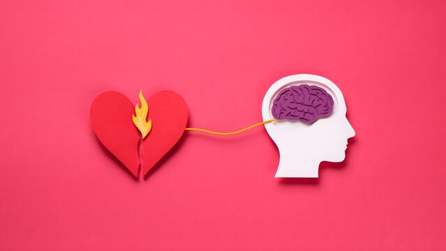 Conceptual representation of the connection between heart and mind for world mental health day on a red background