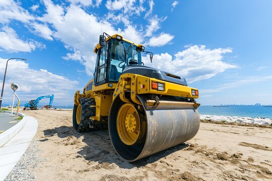 青空と海を背景に砂地をならす黄色いロードローラー