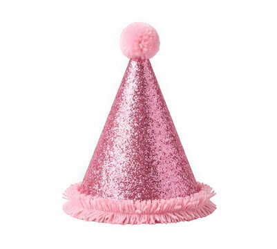 Pink glitter party hat with pom pom and fringe trim isolated on transparent background