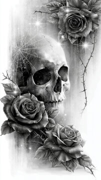 Skull rose thorn vine gothic monochrome dark floral artwork with skull and blooming rose tangled thorn and vine misty fantasy tattoo style