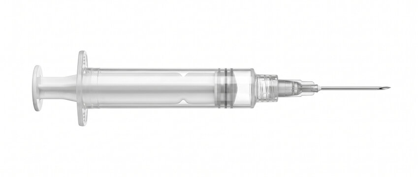 Clean modern medical syringe isolated on white background, sterile transparent barrel, sharp needle, professional healthcare product. Close-up.