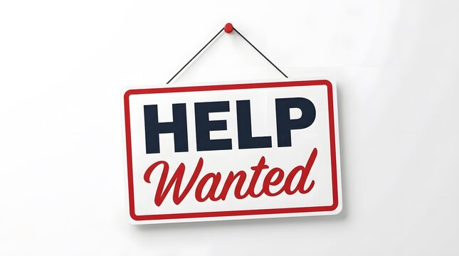 Vintage help wanted sign hanging on a white wall employment opportunity