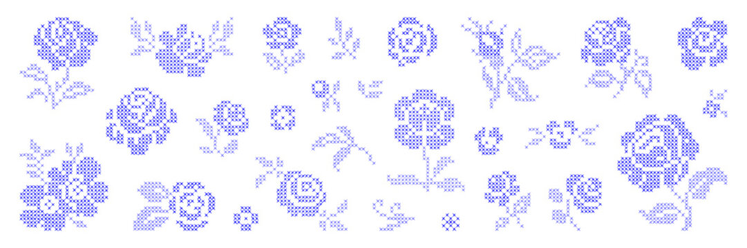 Hand drawn cross-stitch embroidery blue rose element asset pack. Roses flowers, leaf and ornament. Isolated vector shape.