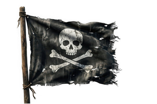 Tattered pirate flag with skull and crossbones symbol isolated on transparent background