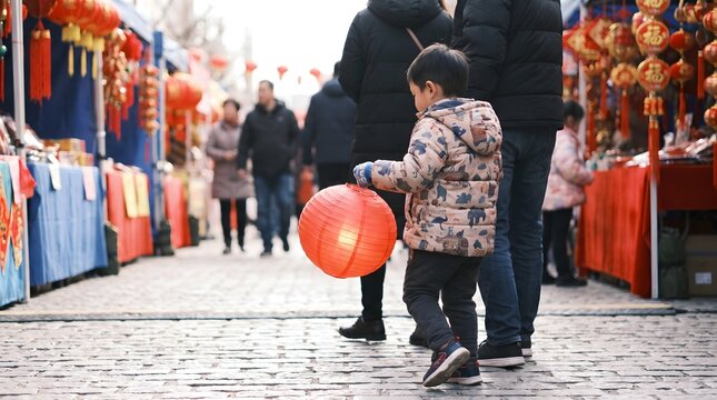 Little Asian boy holding red paper lantern walking in traditional spring festival market