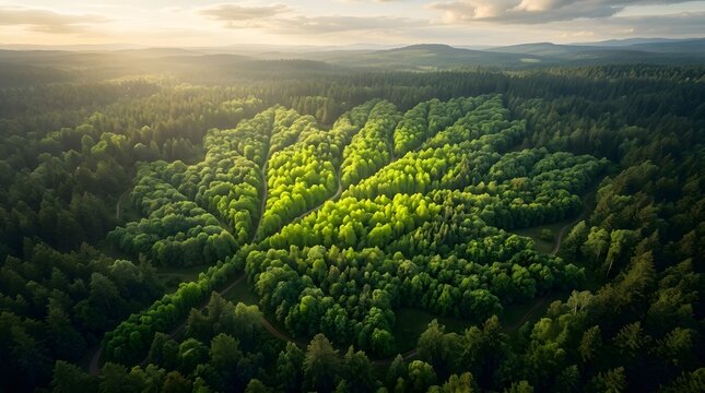 Lush green rainforest canopy illuminated by sunlight from above aerial view
