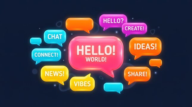 Diverse greetings in different languages displayed in colorful speech bubbles on a dark background