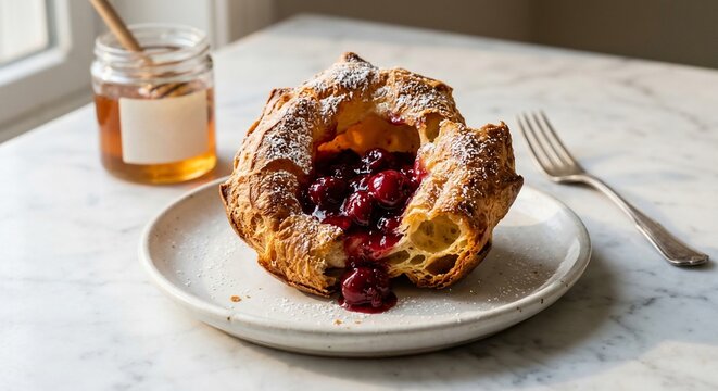 Fresh baked pastry filled with sweet red cherry fruit on white ceramic plate