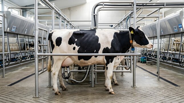 Holstein Friesian Dairy Cow Inside Modern Automated Milking Parlor Station