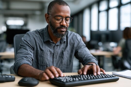 Office worker using Braille display and screen reader