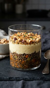 Layered lentil parmentier topped with hazelnuts in a glass on dark slate rustic gourmet style