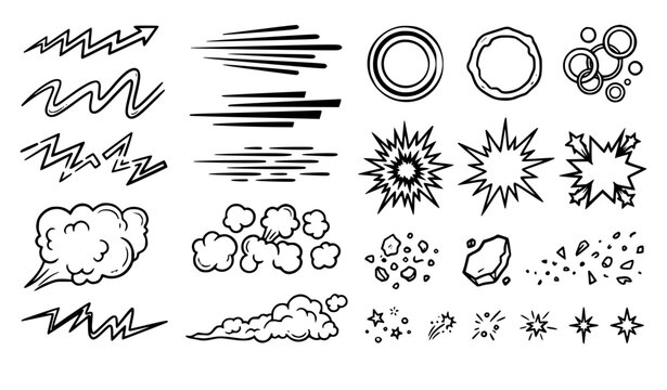 Hand Drawn Cartoon Action Impact Speed Lines and Boom Effects Vector Collection