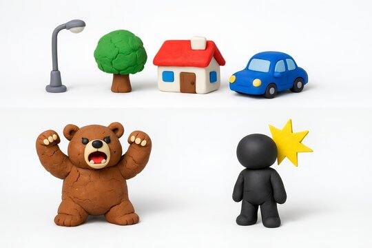 街で遭遇する危険な動物襲撃と事故を粘土で表現
