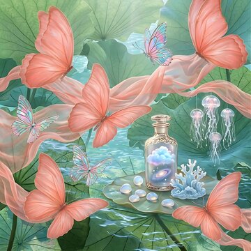 Lone figure stands in tranquil water, draped in flowing fabric. Above, delicate pink orchids bloom in floating clusters. Glass domes house green plants, bobbing gently on the surface