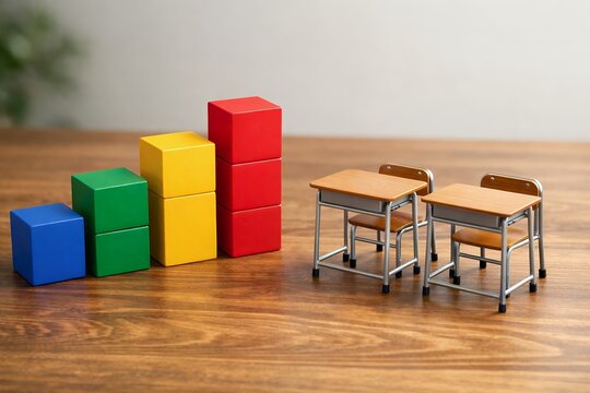 成長する学習と学校教育の進捗を表す積み木と机