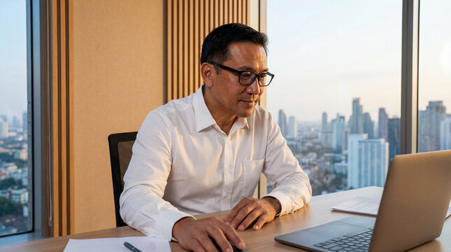 thoughtful focused Asian businessman with distinct facial features