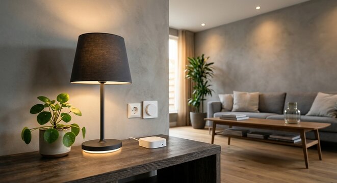 Modern minimalist living room interior with a dark desk lamp and plant