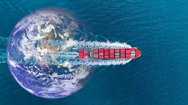 Aerial view container cargo ship carrier container on sea, Global business logistics transportation by container cargo ship, Container cargo ship freight shipping import export supply chain.