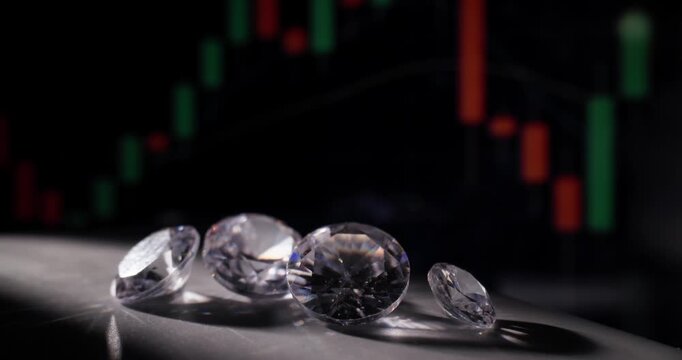 Diamonds reflecting light on tabletop studio with financial candlestick chart background, probe lens.