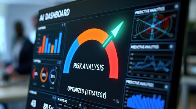 AI Risk Analysis Dashboard: A modern computer screen displays a sophisticated AI dashboard featuring a risk analysis gauge, predictive analytics charts, and performance metrics.