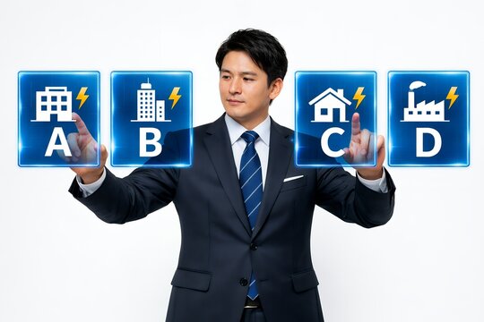 企業向け電力プランをデジタル操作で比較検討するビジネスマン