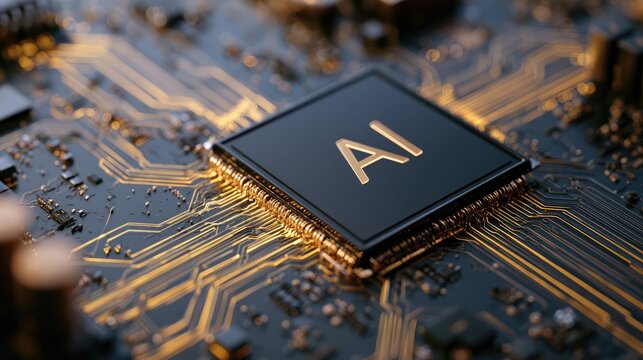 AI Processor on Circuit Board: A close-up shot of an AI processor chip on a complex circuit board, with illuminated golden lines representing data flow and digital innovation.