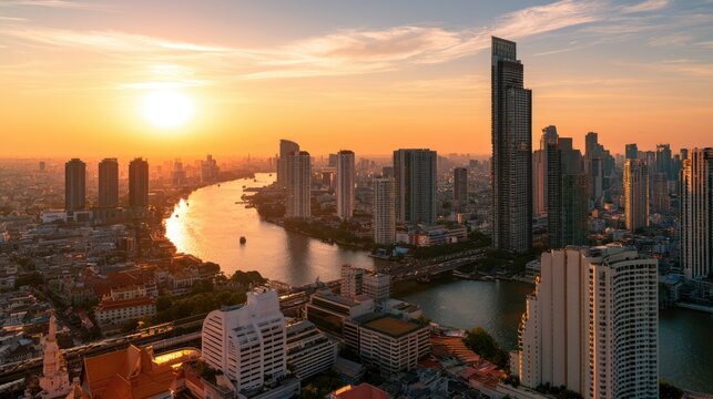 Bangkok Skyline at Sunrise: A breathtaking panoramic view of Bangkok's modern cityscape at dawn.