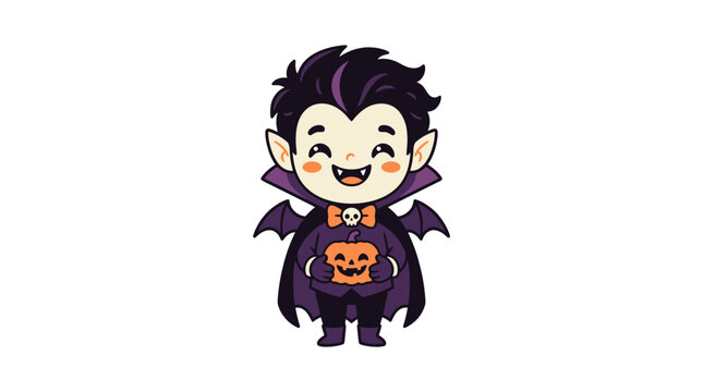 Cute cartoon vampire boy holding Halloween pumpkin on white background