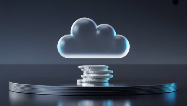 Glowing cloud icon above coin stack on pedestal symbolizes cloud finance, secure digital banking, and capital growth.