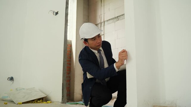 Construction inspector wearing safety helmet conducts thorough examination of unfinished building wall with exposed bricks and construction materials ensuring safety and project development indoors