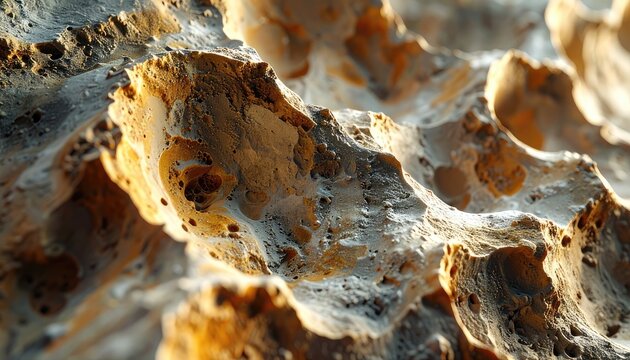Macro view of textured porous rock formation with dramatic lighting.