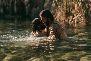 Fototapeta premium Jesus christ embracing a man during a baptismal ceremony in the jordan river, spiritual and cinematic scene