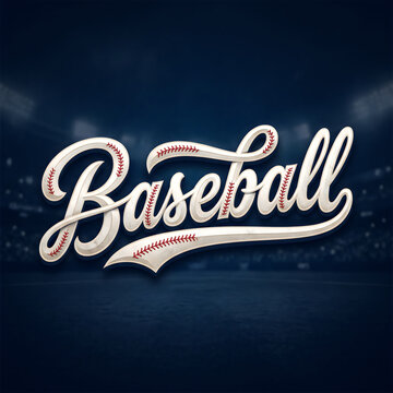 Stylish cursive baseball logo with red stitching on dark background