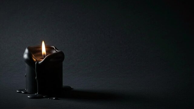 Cinematic shot of a black wax candle with a flickering flame in a dark room