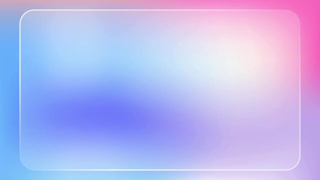 Beautiful transparent rounded rectangle glass frame background, realistic liquid glassmorphism user interface, abstract empty frosted plate on pink colorful gradient, blurred animated UI design loop