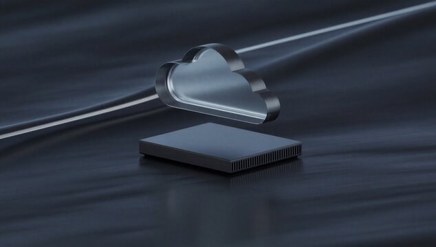 Cloud icon above a server platform on a dark background, symbolizing cloud compute, digital storage, scalable infrastructure, and remote access.