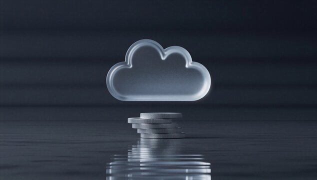 Cloud icon above a coin stack, symbolizing cloud finance, secure financial data storage, and digital banking.