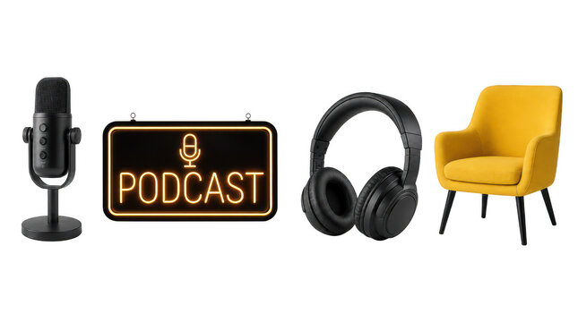 Set of podcast recording equipment featuring microphone, neon podcast sign, headphones, and armchair, concept of audio broadcasting and content creation isolated on transparent background.