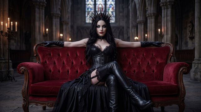 Gothic woman in a black dress and crown sitting on a red velvet sofa in a dark fantasy castle interior