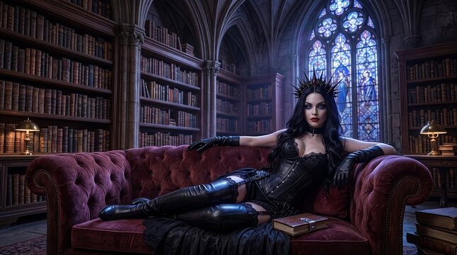 Gothic woman in a black dress and crown sitting on a red velvet sofa in a dark fantasy castle interior