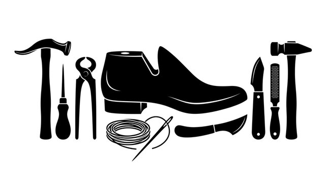Traditional shoemaker tools surrounding a leather shoe form in sharp black silhouette on white background