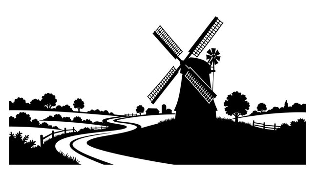 Detailed windmill silhouette stands atop a grassy hill within this stark high contrast vector illustration