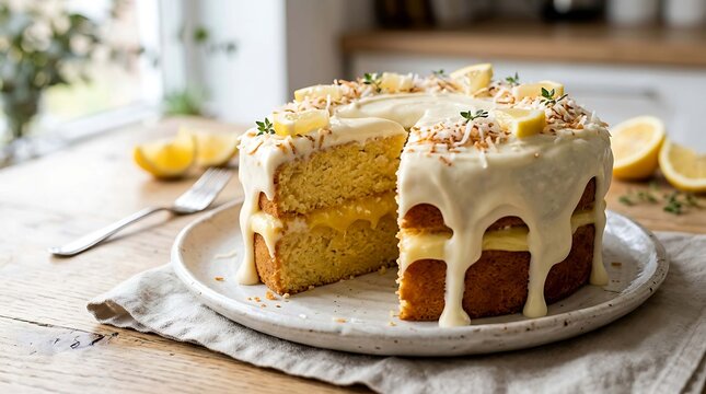 Delicious lemon drizzle cake with fresh lemon slices and white icing on wooden table